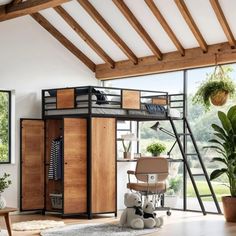 a loft bed with a desk and chair in a room next to a large window