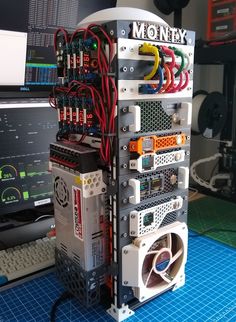 a computer tower sitting on top of a blue table