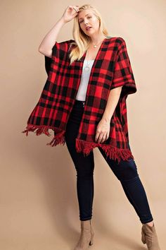 Ease into colder weather with our chic red and black plaid sweater poncho, specially designed in curvy sizes for a comfortable and flattering fit. This cozy poncho combines warmth with style, making it a must-have essential for chilly days. The bold plaid pattern adds a touch of classic charm, while the soft knit fabric wraps you in comfort. Perfect for layering over your favorite jeans or leggings, this poncho is as versatile as it is trendy, ensuring you’ll stay stylishly snug all season long. Thrift Clothes, Sweater Poncho, Plaid Sweater, Poncho Sweater, Red And Black Plaid, Buffalo Check, Single Women, Cozy Fall, Black Plaid