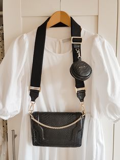 "Cotton woven and leather belt, adjustable, with mini purse made of black embossed leather. The belt bag can be detached with a gold carabiner. All metal elements in gold. The strap fits all our bags. Dimensions: length 92-140 cm / 36,2\"-55,1\" width 4 cm / 1,5\" bag diameter 9 cm /3,5\" SHIPPING FREEshipping wordwild - Express shipping UPS 3-4 Business days (please send us your hone number for the courier) Have a look at my other sections in my shop at the main menu: https://www.etsy.com/shop/ Crossbody Bag With Key Leash, Luxury Bags With Key Leash For Everyday Use, Black Leather Bag Strap For Fashion Accessories, Black Leather Bag Strap Fashion Accessory, Black Leather Crossbody Bag Strap, Black Bags With Leather Strap, Luxury Black Shoulder Bag With Strap, Black Crossbody Shoulder Strap, Black Crossbody Shoulder Strap Fashion Accessory