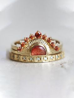 Gold  Collar  Zinc Alloy   Embellished   Women's Fashion Jewelry Sunset Ring, Sun Wedding, Bohemian Style Rings, Boho Engagement Ring, Sunstone Ring, Diamond Ring Settings, Orange Sapphire, Colored Stones, Unique Engagement Ring