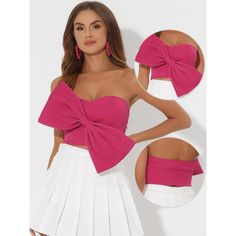 Women's cropped bandeau top with sleeveless, a front large bow, and a sweetheart neck design, is a perfect choice for a boldly feminine and stylish look. The sweetheart neckline accentuates your curves, while the strapless design adds a touch of charm. The bow detail on the front adds a playful element to the overall aesthetic. Whether you're heading to a party or a night out on the town, these crop tops are sure to turn heads. Trendy and cute style, the bow tie strapless crop top paired with sk Bow Crop Tops, Neck Corset, Strapless Crop Top, Denim Crop Top, Corset Crop Top, Sewing Party, Large Bow, Sweetheart Neck, Bandeau Top