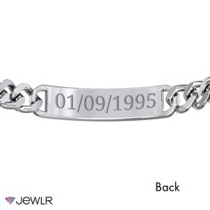 The perfect gift for yourself or a loved one, engrave the front of this classic ID bracelet with a name or a special date and add a meaningful message to the back. Handcrafted in polished stainless steel, this 8.5" men's bracelet features a wide curb-link chain secured with a lobster clasp for just the right fit. Classic Stainless Steel Chain Bracelet, Classic Charm Bracelet As Gift, Classic Personalized Stainless Steel Chain Bracelet, Classic Engraved Jewelry For Promise, Personalized Stainless Steel Nameplate Bracelet, Classic Engraved Sterling Silver Charm Bracelet, Classic Engraved Charm Bracelet For Everyday, Classic Personalized Rectangular Bracelets, Classic Personalized Rectangular Bracelet