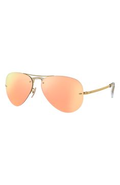 Classic style informs semi-rimless aviators with gradient lenses and adjustable nose pads. 59mm lens width; 14mm bridge width; 135mm temple length. 100% UV protection. Metal. Made in Italy. Pink Rimless Shield Sunglasses With Gradient Lenses, Pink Rimless Shield Sunglasses With Mirrored Lenses, Pink Mirrored Rimless Shield Sunglasses, Modern Pink Rimless Sunglasses, Pink Rimless Polarized Sunglasses, Rimless Shield Sunglasses With Uva Protection, Modern Rimless Aviator Sunglasses With Mirrored Lenses, Rimless Shield Sunglasses With Gradient Lenses, Aviator Sunglasses