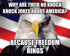 an eagle with the words, why are their no knock knocks about america? because freedom rings