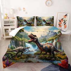 a bed with two dinosaurs and waterfall in the background