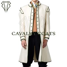 New Men Off-White Wool 1845-55 Century Military Style Frock Coat, Military Wedding Frock Coat, Man's Frock Coat With Green Piping By Cavalry Coats With Worldwide Shipping  STYLE PROFILE: Crafted with 100% Wool material, this custom-fit coat exudes elegance and style. Primary Color: Off-White Expertly tailored for a refined finish. SIZING DETAILS: To ensure the perfect fit, please provide the following measurements: Chest Size: Measure around the fullest part of your chest. Waist Size: Measure ar White Fitted Blazer With Stand Collar, Fitted White Blazer With Stand Collar, Regency Style Fitted Outerwear For Formal Occasions, White Stand Collar Outerwear For Formal Events, White Stand Collar Outerwear For Formal Occasions, Formal White Stand Collar Outerwear, Regency Style Fitted Formal Outerwear, White Nehru Jacket With Stand Collar For Formal Occasions, White Long Sleeve Outerwear For Ceremony