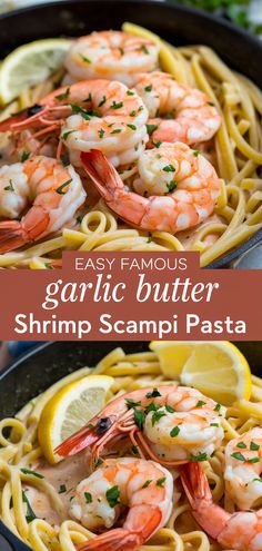 garlic butter shrimp scampi pasta in a skillet with lemon wedges