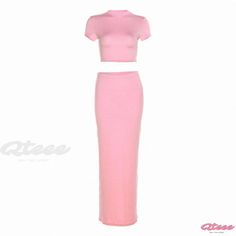 Qteee - High-Waisted Bodycon Skirt with Crop Top for Casual Wear Casual Solid Two-piece Skirt, Casual Fitted Pink Maxi Skirt, Trendy Fitted Pink Maxi Skirt, Outfits Pastel, Lightweight Skirt, Bodycon Casual, Stretchy Skirt, High Rise Skirt, Flowy Design