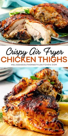 For a simple yet flavorful dish, try these Crispy Air Fryer Chicken Thighs! A great choice for low carb dinner ideas, the thighs are yogurt-marinated for tenderness, then air-fried to crispy perfection. Garnished with fresh lemon and dill, it’s a keto dinner recipe winner! Crispy Air Fryer Chicken Thighs, Air Fryer Recipes Chicken Thighs, Simple Chicken Recipes, Dinner Ideas For Tonight, Low Carb Dinner Ideas, Crispy Air Fryer Chicken, Keto Dinner Recipe, Air Fryer Chicken Thighs, Chicken Thighs Recipe