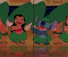 two pictures of the same character from disney's pooh and stitch, one is dancing