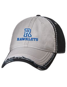 Rockhurst High School Hawklets Embroidered Vintage Washed Cotton Distressed Cap Gray Cotton Trucker Hat With Embroidered Logo, Gray Cotton Trucker Hat For Sports, Distressed Cotton Visor Baseball Cap, Collegiate Cotton Baseball Cap With Flat Bill, Cotton Baseball Cap For Fan Gear, Collegiate Cotton Trucker Hat With Curved Bill, Collegiate Team-colored Cotton Baseball Cap, Distressed Cotton Gray Hat, Cotton Trucker Hat For Sports Events