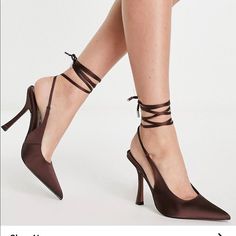 Satin Brown Point Toe Heels With Lace Up Straps. Brand New With Tags Never Worn Gold Ankle Strap Heels, Tie Heels, Red Suede Heels, Jeweled Heels, Tie Up Heels, Pink High Heels, Embellished Heels, Pointed Heels, Block Heel Shoes