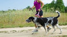 a woman jogging with her dog on a leash