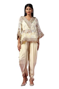 Lemon yellow kaftan with resham, tassel, thread, sequin embroidery in floral cutwork pattern. Paired with bustier and dhoti pant. - Aza Fashions Yellow Kaftan, Floral Cutwork, Kaftan Pattern, Dhoti Pants, Sequin Embroidery, Two Sisters, Sequins Embroidery, Lemon Yellow, Cut Work