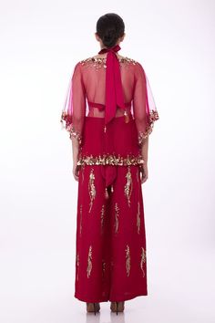 Ruby pink kaftan with sequin applique, cutdana, bead embroidered border in floral pattern. - Aza Fashions Eid Embellished Organza Palazzo Set, Traditional Sequin Palazzo Set For Reception, Traditional Palazzo Set With Sequins For Reception, Festive Anarkali Kaftan With Sequins, Festive Designer Kaftan With Sequins, Anarkali Style Sequined Kaftan For Party, Eid Silk Sequined Palazzo Set, Bollywood Style Hand Embellished Traditional Palazzo Set, Bollywood Style Festive Kaftan With Mirror Work