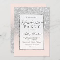 a pink and silver glitter graduation party card with the words, graduate party on it