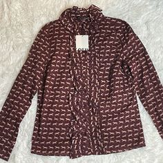 Zara Novelty Horse Button Down Blouse Brand New With Tags Burgundy Color Size Small Zara Long Sleeve Button Blouse, Zara Long Sleeve Blouse With Buttons, Zara Brown Blouse For Work, Zara Buttoned Blouse For Fall, Button Down Blouse, Burgundy Color, Red Brown, Zara Tops, Button Downs