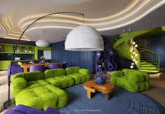 a living room filled with green and purple couches next to a spiral stair case