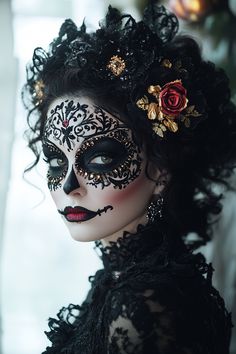 Hollower Make Up Easy, Glamour Skull Makeup, Halloween Cute Makeup Ideas, Mexican Sugar Skull Makeup, Halloween Makeup 2024 Trends, Day Of The Dead Halloween Makeup, Halloween Make Up 2024, Catrina Makeup Ideas, Easy Catrina Makeup