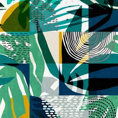 an abstract painting with blue, green and yellow leaves on it's surface is featured in this image