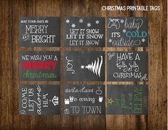 christmas printable tags on wooden background with chalkboard style typogrammings