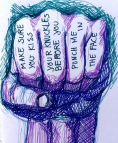 a drawing of two fists with words written on them