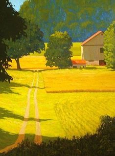 an oil painting of a country road in the middle of a field with a barn and trees