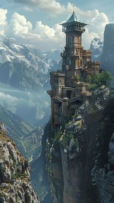 a castle perched on top of a cliff with mountains in the background and clouds in the sky