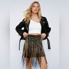 Metallic Fringe Skirt From Nasty Gal Size 0 Brand New, Never Worn Bought To Wear To Taylor Swift’s Eras Tour But It’s A Little Big On Me Gala Inspiration, Fringe Skirt Outfit, 90s Mini Skirt, Metallic Mini Skirt, Army Green Skirt, Swift Outfits, Feel The Music, Midnight Cowboy, Cheetah Skirt