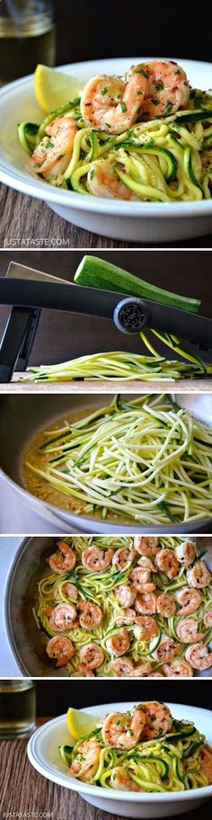 three different pictures of shrimp and zucchini pasta