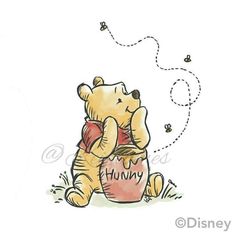 a winnie the pooh bear holding a honey jar with bees flying around it and saying,