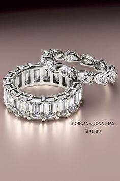 two wedding rings with diamonds on top of each other and the words morgan jonathan mabriu