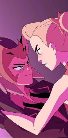 two cartoon characters are hugging each other in the middle of an animated scene with pink hair and blue eyes