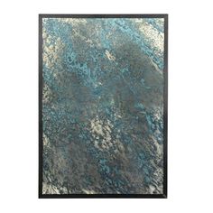 an abstract painting with blue and green colors on the surface, framed in black frame