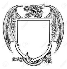 a black and white drawing of a shield with two dragon heads on the front, surrounded by