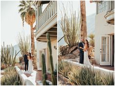 a bride and groom are standing in front of some cactus trees at their wedding reception