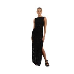 Women's Hollow  Knitted Split Maxi Dress - A.A.Y FASHION Chic Crew Neck Dresses For Night Out, Summer Dress With Side Slits And Crew Neck, Summer Dresses With Side Slits And Crew Neck, Fitted Crew Neck Beach Dress, Knitted Maxi Dress, Long Pencil Skirt, Split Maxi Dress, Keep It Classy, American People