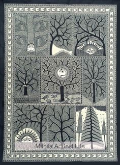 a black and white quilt with trees in the middle, two faces on each side