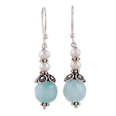 Nestled below sterling silver accents radiant light aqua aventurine stones with a total carat weight of 3.5 add subtle color to these alluring earrings. Above each gemstone two cultured freshwater pearls gleam brightly. Narayani of India designs the beautifully handcrafted earrings. Mirror Earrings, Diy Earrings Easy, Homemade Earrings, Beaded Earrings Diy, Chalcedony Earrings, Pearl Dangle Earrings, Earrings Diy, Make Jewelry, Jewelry Design Earrings