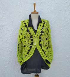 Upside down both sided wear, Lime green short Cardigan, Seasonal Lace Cardigan, Vintage Blouse, Crochet Seasonal Tunic, Yellow Cardigan by Papicca on Etsy Green Knitted Cardigan For Spring, Handmade Green Cardigan For Spring, Handmade Green Spring Cardigan, Green Knit Cardigan For Spring, Crochet Seasonal, Blouse Crochet, Green Jumper, Green Jumpers, Lime Green Shorts