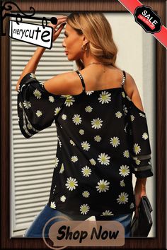 Daisy Floral Cold Shoulder Blouse Printed Non-stretch Tops For Vacation, Non-stretch Printed Tops For Vacation, Floral Print Non-stretch Top For Vacation, Non-stretch Floral Print Tops For Vacation, Spring Vacation Printed Tops, Black Spring Vacation Blouse, Black Blouse For Spring Vacation, Black Blouse For Spring, Cold Shoulder Blouse