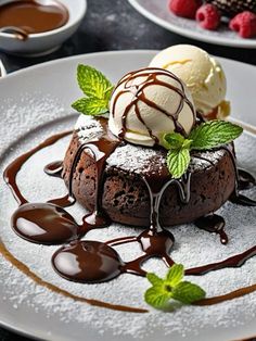 chocolate cake with ice cream and raspberries on the side sitting on a white plate