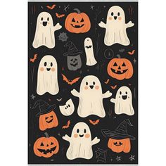 halloween ghost and pumpkins stickers on a black background with bats, jack - o'- lanterns, and more