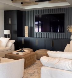 Living Room Armoire Ideas, Entertainment Room Small Space, Dark Grey Media Room, Modern Bonus Room Ideas Upstairs, Tv Room Remodel, Tv Accent Wall Modern, Slat Entertainment Wall, Deep Laundry Closet, Basement Wall Tv