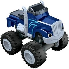 a blue and white monster truck with big wheels