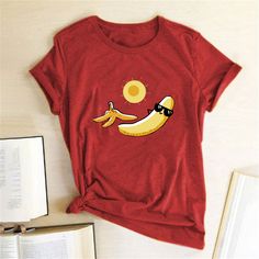 Sunbathing Banana Printed Funny T-shirts Women Summer Tshirt Woman Funny Cute Tops Graphic Teefor Ladies Ropa Mujer Verano Red Crew Neck T-shirt For Beach, Red Cartoon Print Tops For Summer, Red Cartoon Print Top For Summer, Cotton T-shirt With Cartoon Print For Vacation, Red Screen Print Tops For Summer, Red Tops With Funny Print In Relaxed Fit, Red Tops With Funny Print And Relaxed Fit, Red Summer Tops With Screen Print, Casual Cartoon Print Tops For Vacation