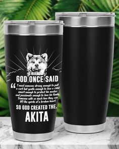 two black tumblers with the words god once said and an image of a bear