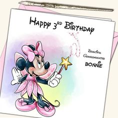 a birthday card with a cartoon minnie mouse holding a star and the words happy 3rd birthday