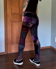 These unique leggings are constructed with hand-dyed, organic scraps and remnants. This sleek, original design, has a form fitting hi-rise waist band. Measuring 15" to the top of the waistband. One pocket.  This particular pair would fit an xsmall best due to the placement of the velour panels.  Current inseam is 32", but can be altered upon purchase. Each purchase comes with $100 insurance. Additional insurance is available in another listing.  This garment also comes with a free alteration and Fitted Patchwork Pants, Fitted Full-length Patchwork Pants, Fitted Patchwork Bottoms For Festival, Unique Leggings, Legging Outfits, Striped Leggings, Outfits With Leggings, Original Design, Merlin